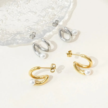 1 Pair Casual Simple Style Curve Polishing Inlay 304 Stainless Steel Artificial Pearls 14K Gold Plated Ear Studs