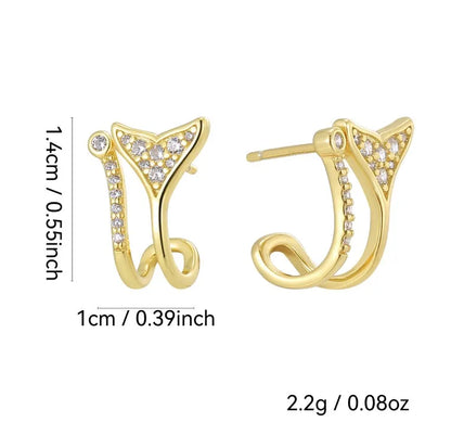 1 Pair Casual Simple Style Fish Tail Inlay Sterling Silver Zircon 14K Gold Plated Ear Studs