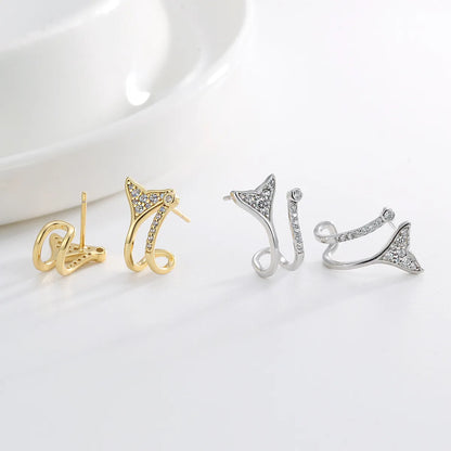 1 Pair Casual Simple Style Fish Tail Inlay Sterling Silver Zircon 14K Gold Plated Ear Studs