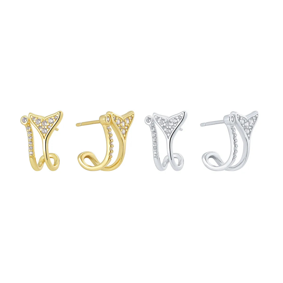 1 Pair Casual Simple Style Fish Tail Inlay Sterling Silver Zircon 14K Gold Plated Ear Studs