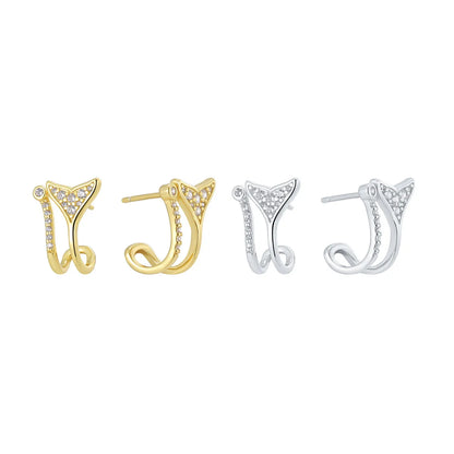 1 Pair Casual Simple Style Fish Tail Inlay Sterling Silver Zircon 14K Gold Plated Ear Studs