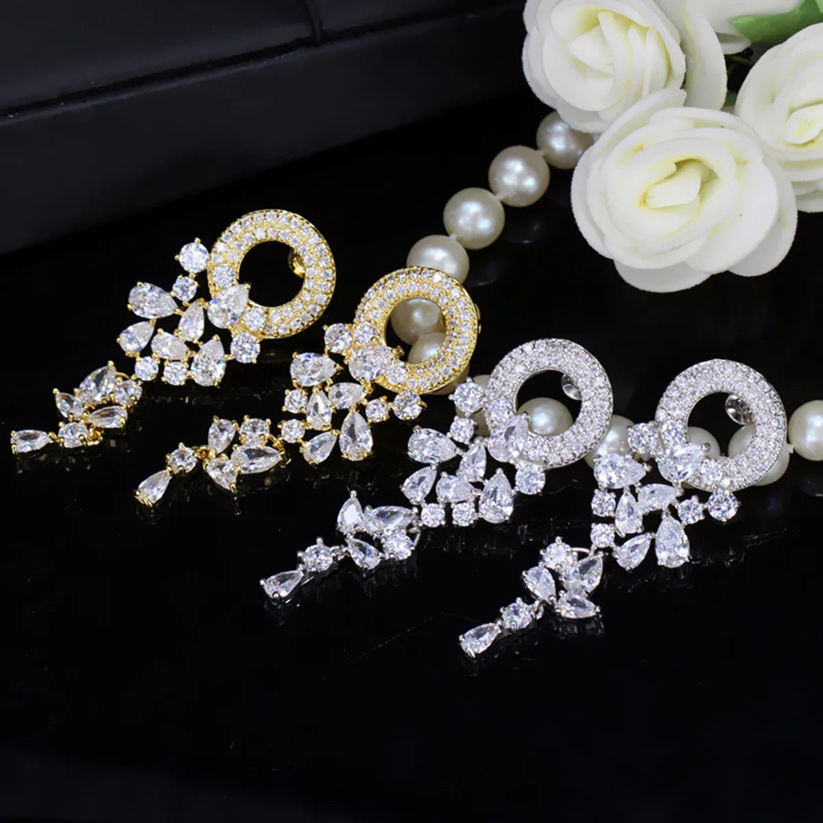 1 Pair Casual Simple Style Flower Plating Inlay Copper Zircon Rhodium Plated Silver Plated Drop Earrings