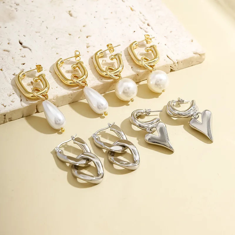 1 Pair Casual Simple Style Geometric Heart Shape Solid Color Pearl Copper Earrings