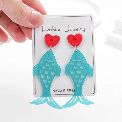 1 Pair Casual Simple Style Heart Shape Fish Hollow Out Arylic Drop Earrings