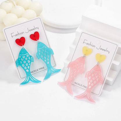 1 Pair Casual Simple Style Heart Shape Fish Hollow Out Arylic Drop Earrings