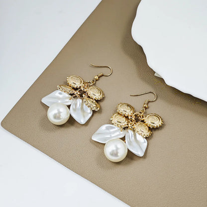 1 Pair Casual Simple Style Heart Shape Petal Key Pearl Zinc Alloy Drop Earrings