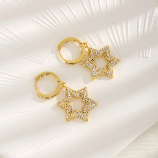 1 Pair Casual Simple Style Hexagram Inlay Copper Zircon 18K Gold Plated Drop Earrings