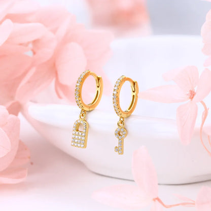 1 Pair Casual Simple Style Key Lock Asymmetrical Plating Inlay Sterling Silver Zircon White Gold Plated Gold Plated Drop Earrings