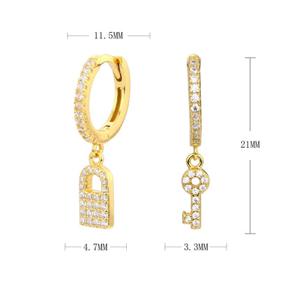 1 Pair Casual Simple Style Key Lock Asymmetrical Plating Inlay Sterling Silver Zircon White Gold Plated Gold Plated Drop Earrings