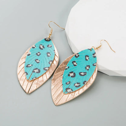 1 Pair Casual Simple Style Leaves Leopard Plating Pu Leather Alloy Gold Plated Drop Earrings