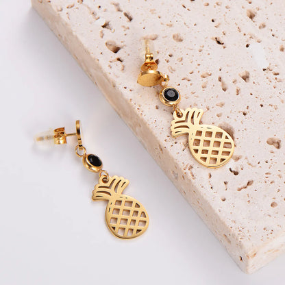 1 Pair Casual Simple Style Pineapple Plating Hollow Out Inlay 304 Stainless Steel Rhinestones 18K Gold Plated Drop Earrings