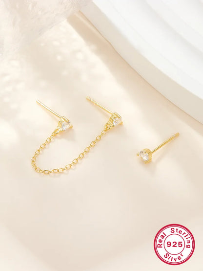 1 Pair Casual Simple Style Round Chain Plating Inlay Sterling Silver Zircon 18k Gold Plated White Gold Plated Ear Studs