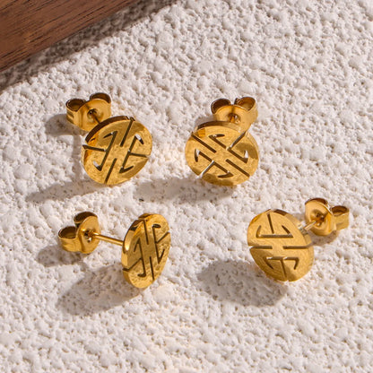 1 Pair Casual Simple Style Round Chinese Character Lines Hollow Out 304 Stainless Steel 18K Gold Plated Ear Studs