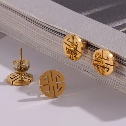 1 Pair Casual Simple Style Round Chinese Character Lines Hollow Out 304 Stainless Steel 18K Gold Plated Ear Studs