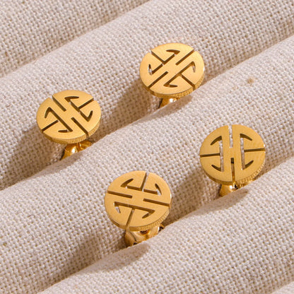 1 Pair Casual Simple Style Round Chinese Character Lines Hollow Out 304 Stainless Steel 18K Gold Plated Ear Studs