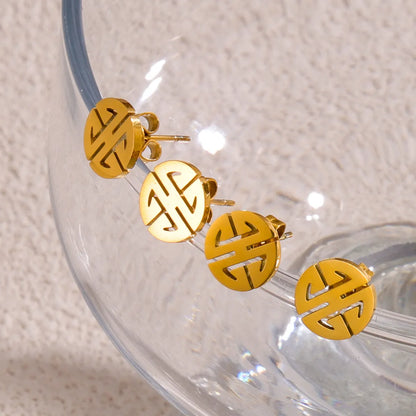 1 Pair Casual Simple Style Round Chinese Character Lines Hollow Out 304 Stainless Steel 18K Gold Plated Ear Studs