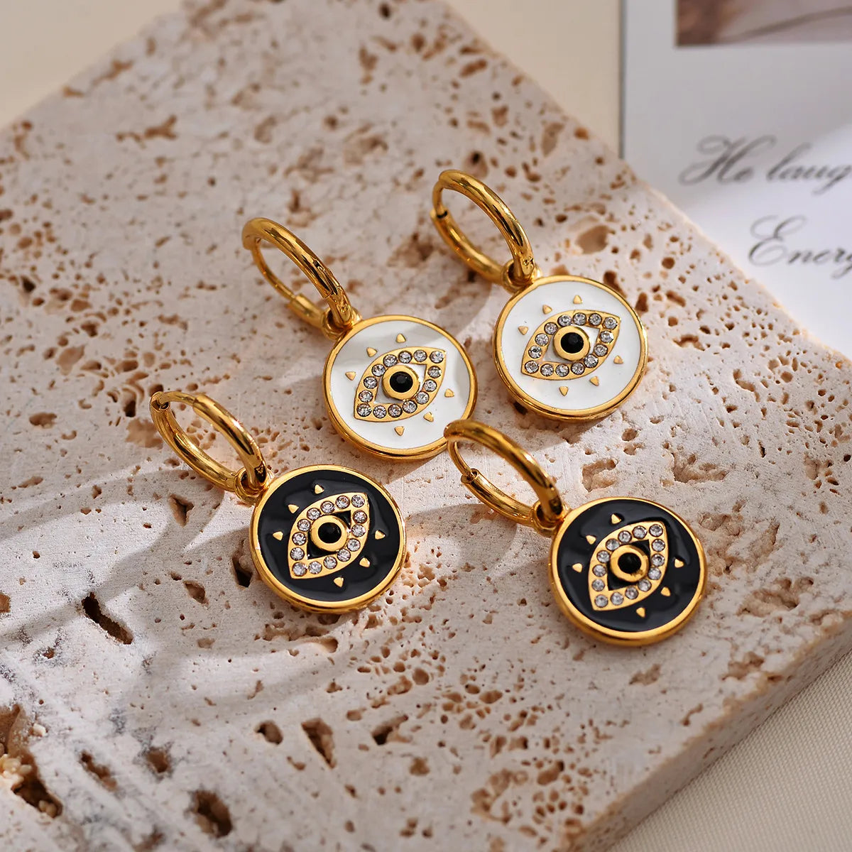 1 Pair Casual Simple Style Round Devil's Eye Enamel Plating Inlay Stainless Steel Rhinestones Drop Earrings