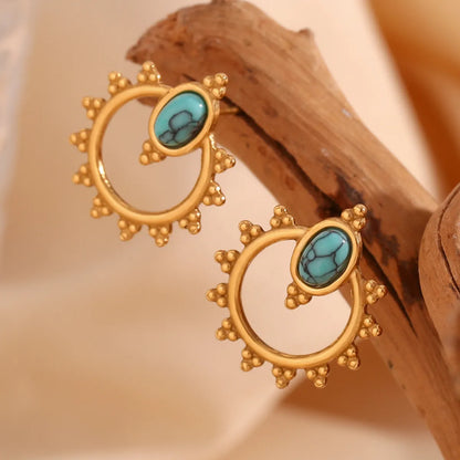 1 Pair Casual Simple Style Round Oval Plating Inlay Stainless Steel Turquoise 18k Gold Plated Drop Earrings