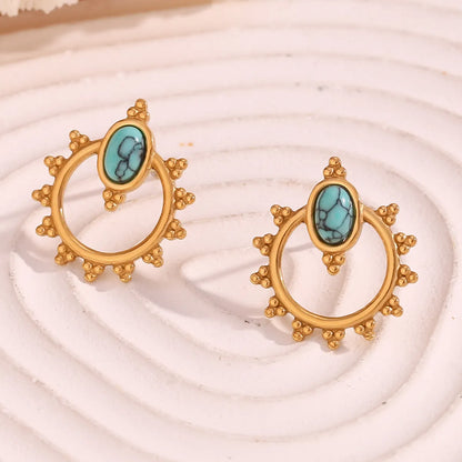 1 Pair Casual Simple Style Round Oval Plating Inlay Stainless Steel Turquoise 18k Gold Plated Drop Earrings