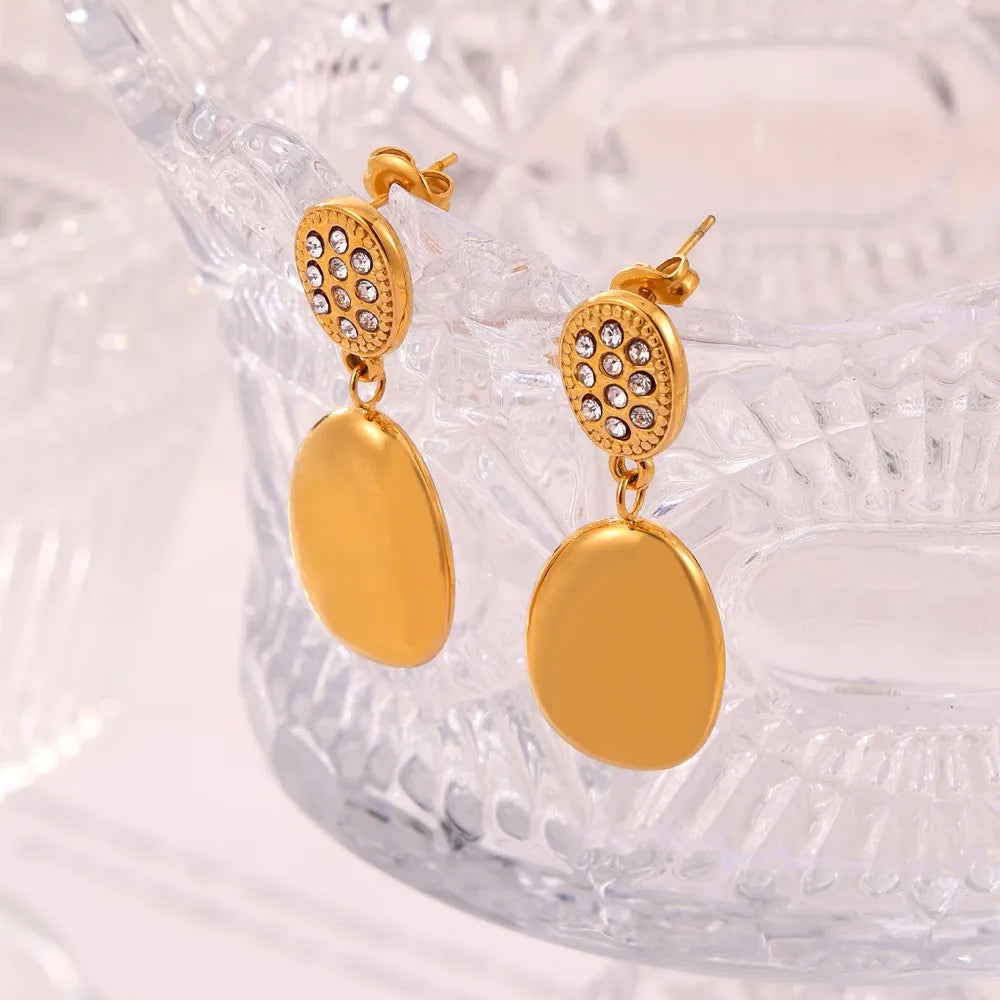 1 Pair Casual Simple Style Round Oval Plating Inlay Titanium Steel Rhinestones 18K Gold Plated Drop Earrings