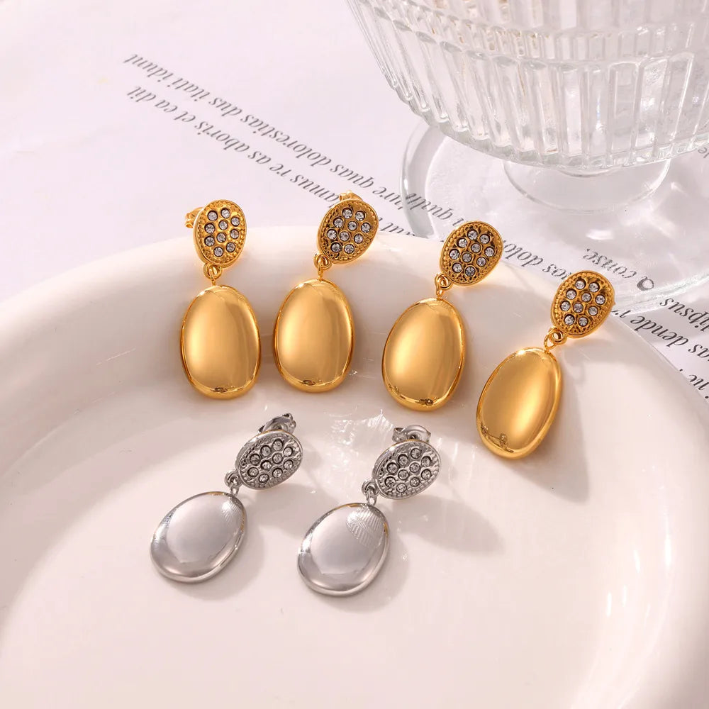 1 Pair Casual Simple Style Round Oval Plating Inlay Titanium Steel Rhinestones 18K Gold Plated Drop Earrings