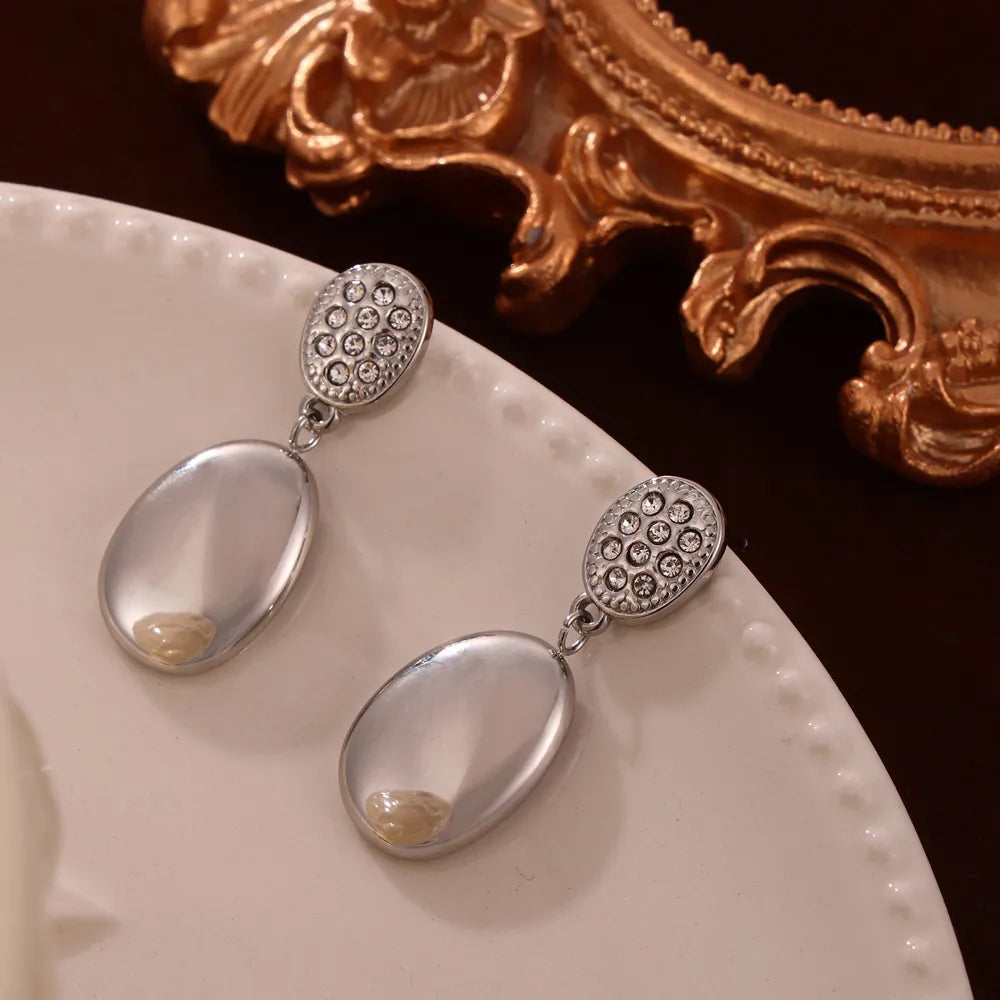 1 Pair Casual Simple Style Round Oval Plating Inlay Titanium Steel Rhinestones 18K Gold Plated Drop Earrings