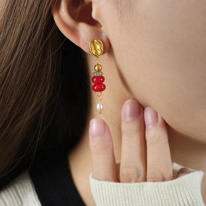 1 Pair Casual Simple Style Round Plating Agate Titanium Steel 18K Gold Plated Dangling Earrings