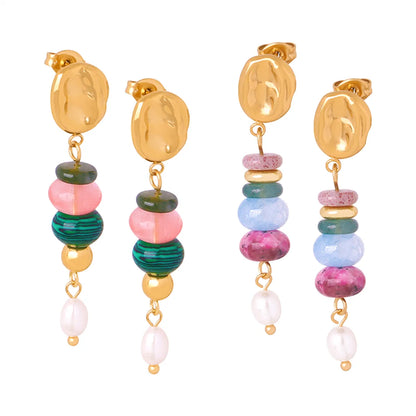 1 Pair Casual Simple Style Round Plating Agate Titanium Steel 18K Gold Plated Dangling Earrings