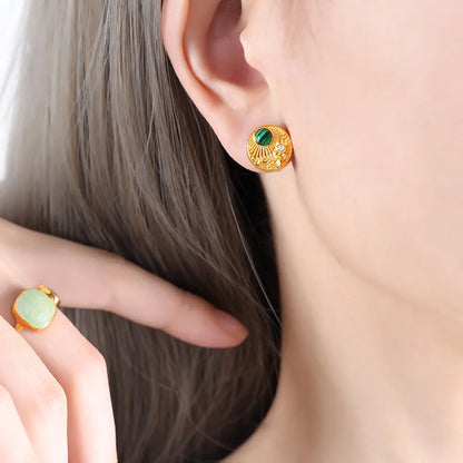 1 Pair Casual Simple Style Round Plating Inlay Titanium Steel Turquoise Rhinestones 18K Gold Plated Ear Studs