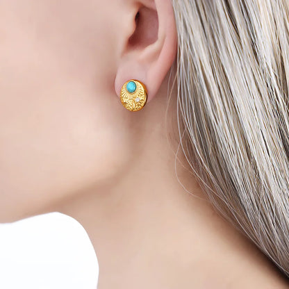 1 Pair Casual Simple Style Round Plating Inlay Titanium Steel Turquoise Rhinestones 18K Gold Plated Ear Studs