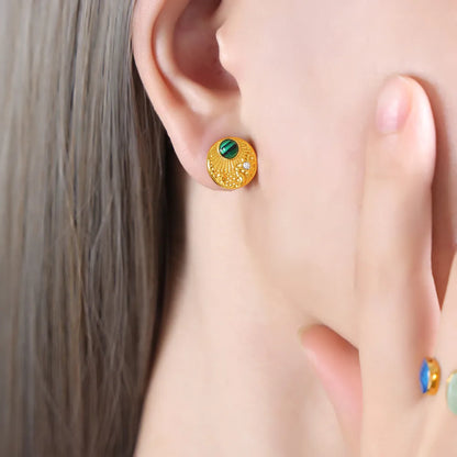 1 Pair Casual Simple Style Round Plating Inlay Titanium Steel Turquoise Rhinestones 18K Gold Plated Ear Studs