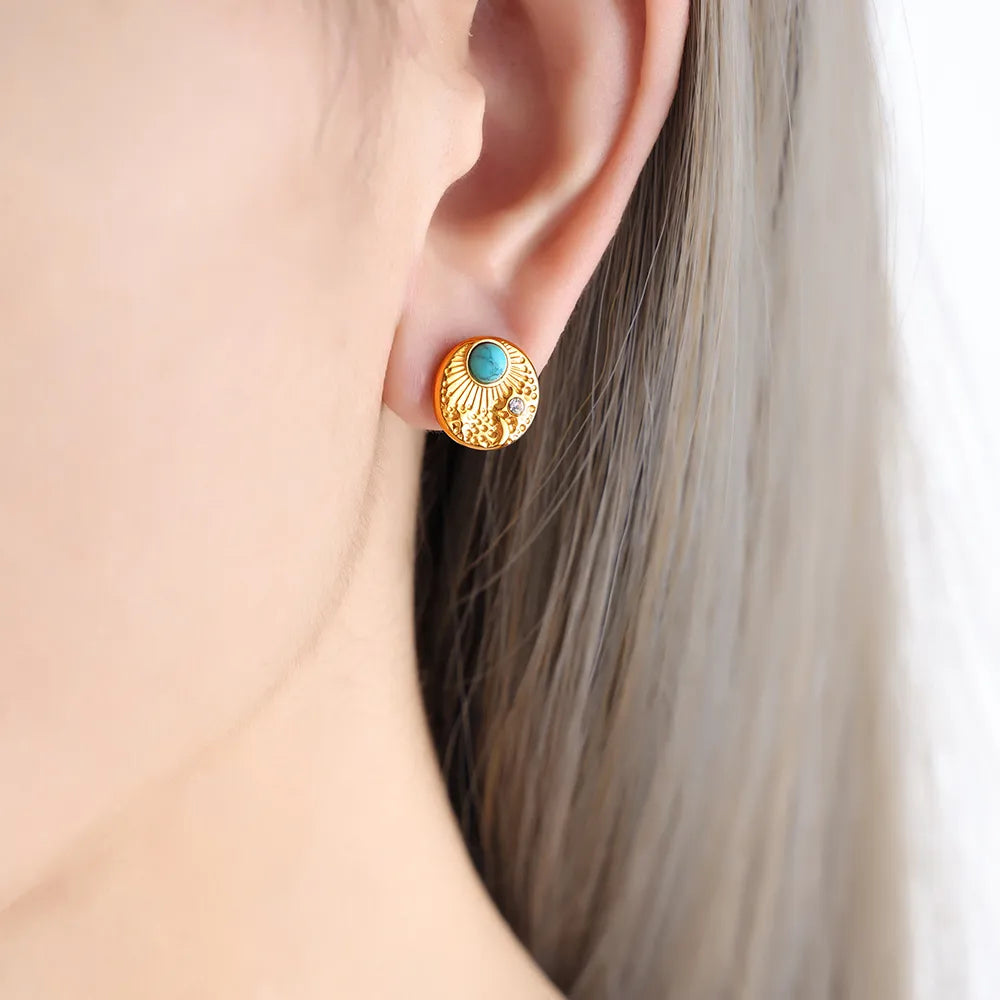 1 Pair Casual Simple Style Round Plating Inlay Titanium Steel Turquoise Rhinestones 18K Gold Plated Ear Studs