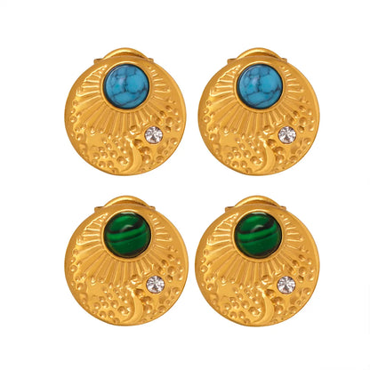 1 Pair Casual Simple Style Round Plating Inlay Titanium Steel Turquoise Rhinestones 18K Gold Plated Ear Studs