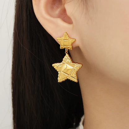 1 Pair Casual Simple Style Round Star Plating Carving Titanium Steel 18K Gold Plated Drop Earrings