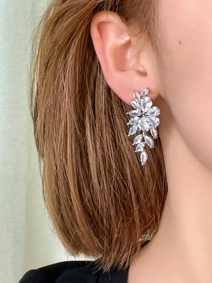 1 Pair Casual Simple Style Shiny Leaves Plating Inlay Copper Zircon White Gold Plated Drop Earrings