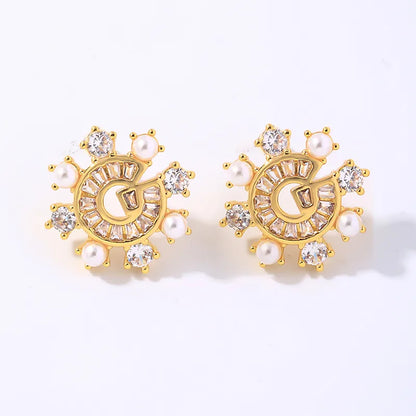 1 Pair Casual Simple Style Shiny Letter Plating Inlay Copper Artificial Pearls Zircon Gold Plated Ear Studs