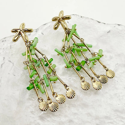 1 Pair Casual Simple Style Starfish Shell Beaded Tassel 304 Stainless Steel Drop Earrings