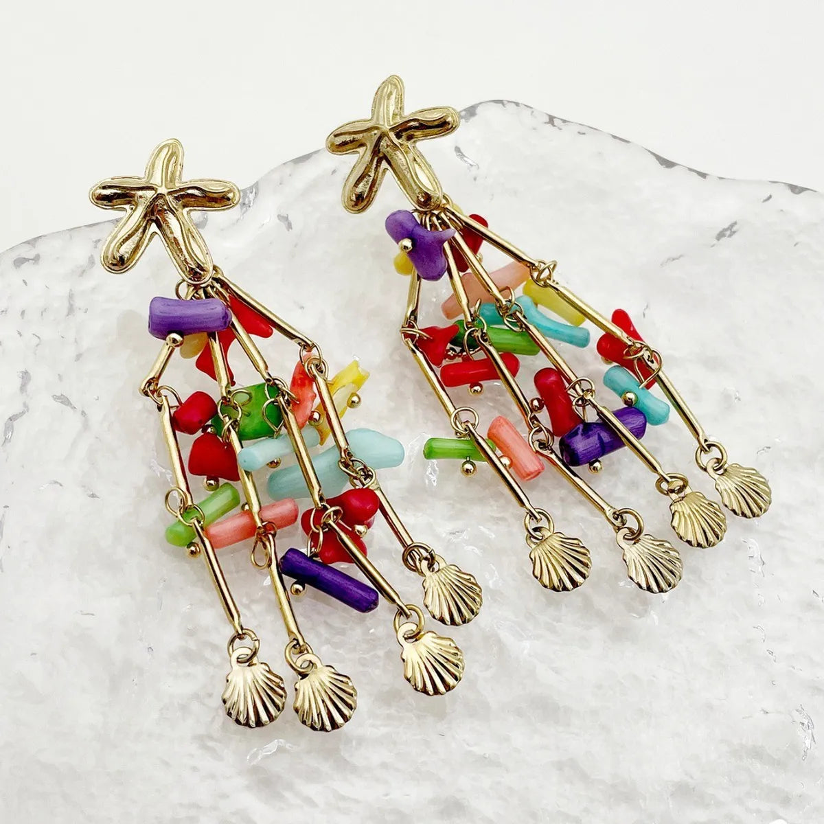 1 Pair Casual Simple Style Starfish Shell Beaded Tassel 304 Stainless Steel Drop Earrings