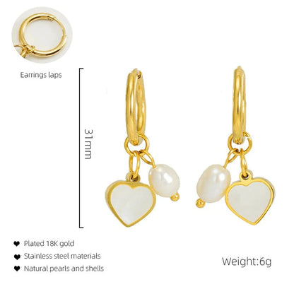 1 Pair Casual Simple Style Triangle Star Heart Shape Pearl Inlay Titanium Steel Shell 18K Gold Plated Drop Earrings