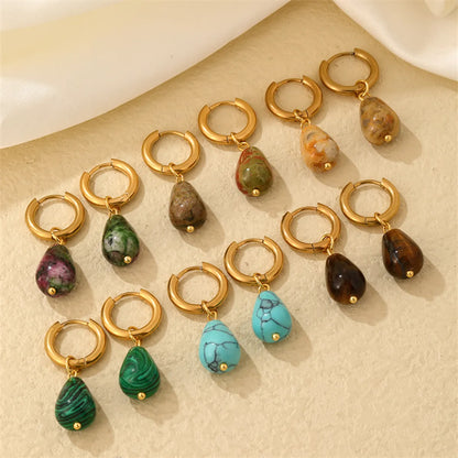 1 Pair Casual Simple Style Water Droplets Plating Stainless Steel Natural Stone Gold Plated Drop Earrings