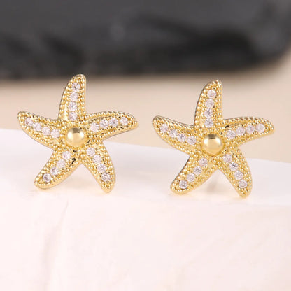 1 Pair Casual Starfish Inlay Copper Rhinestones Ear Studs