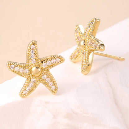 1 Pair Casual Starfish Inlay Copper Rhinestones Ear Studs