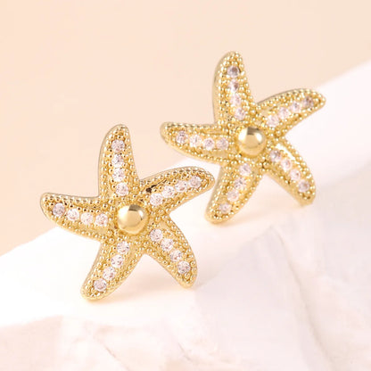 1 Pair Casual Starfish Inlay Copper Rhinestones Ear Studs