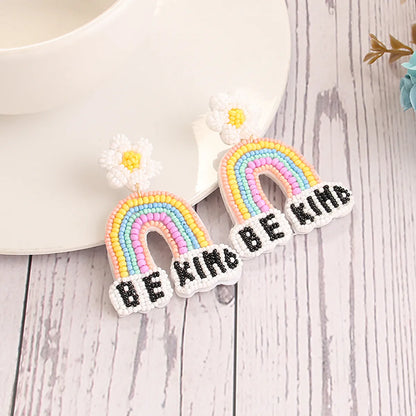 1 Pair Casual Sweet Artistic Letter Rainbow Flower Cloth Seed Bead Drop Earrings