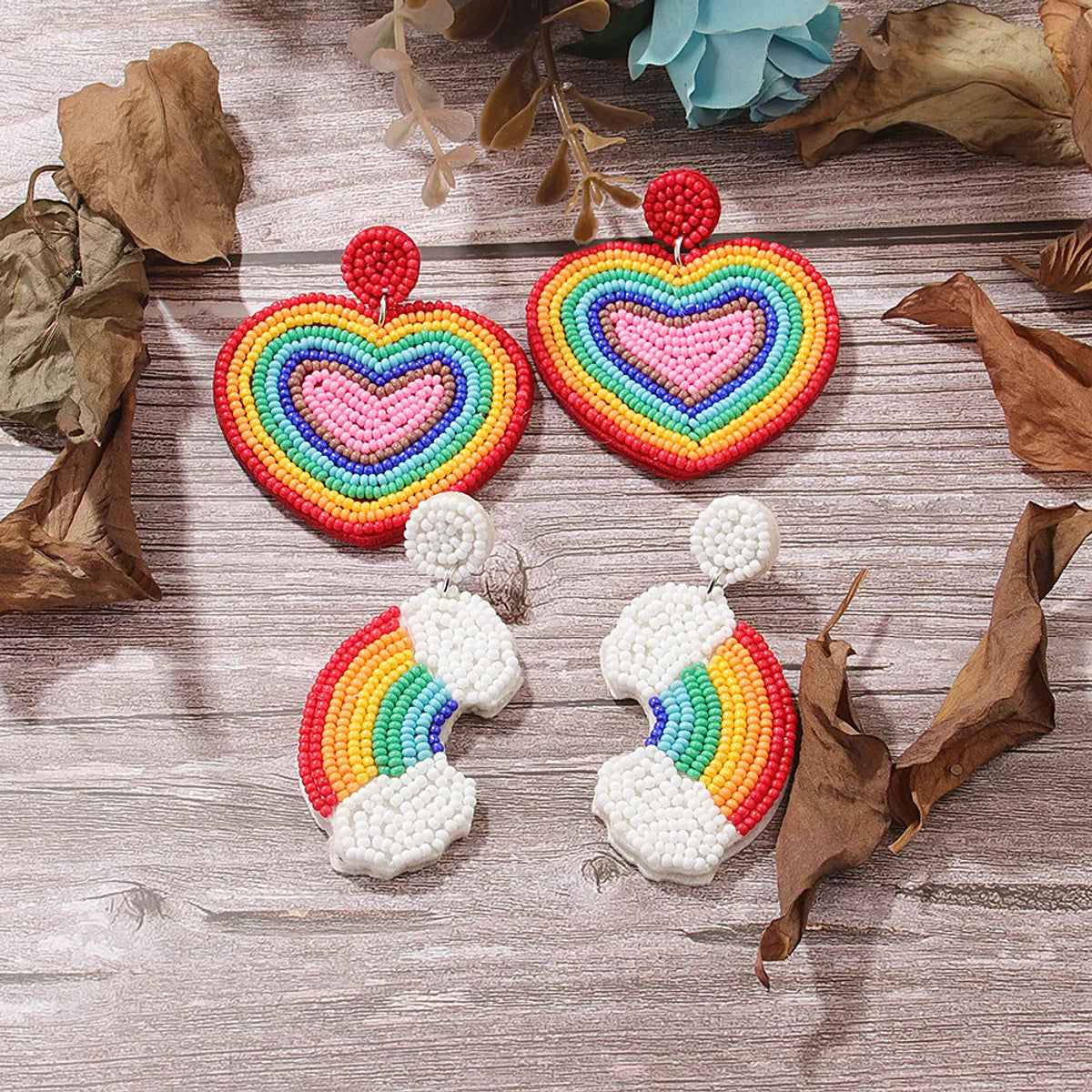 1 Pair Casual Sweet Artistic Rainbow Heart Shape Cloth Seed Bead Drop Earrings