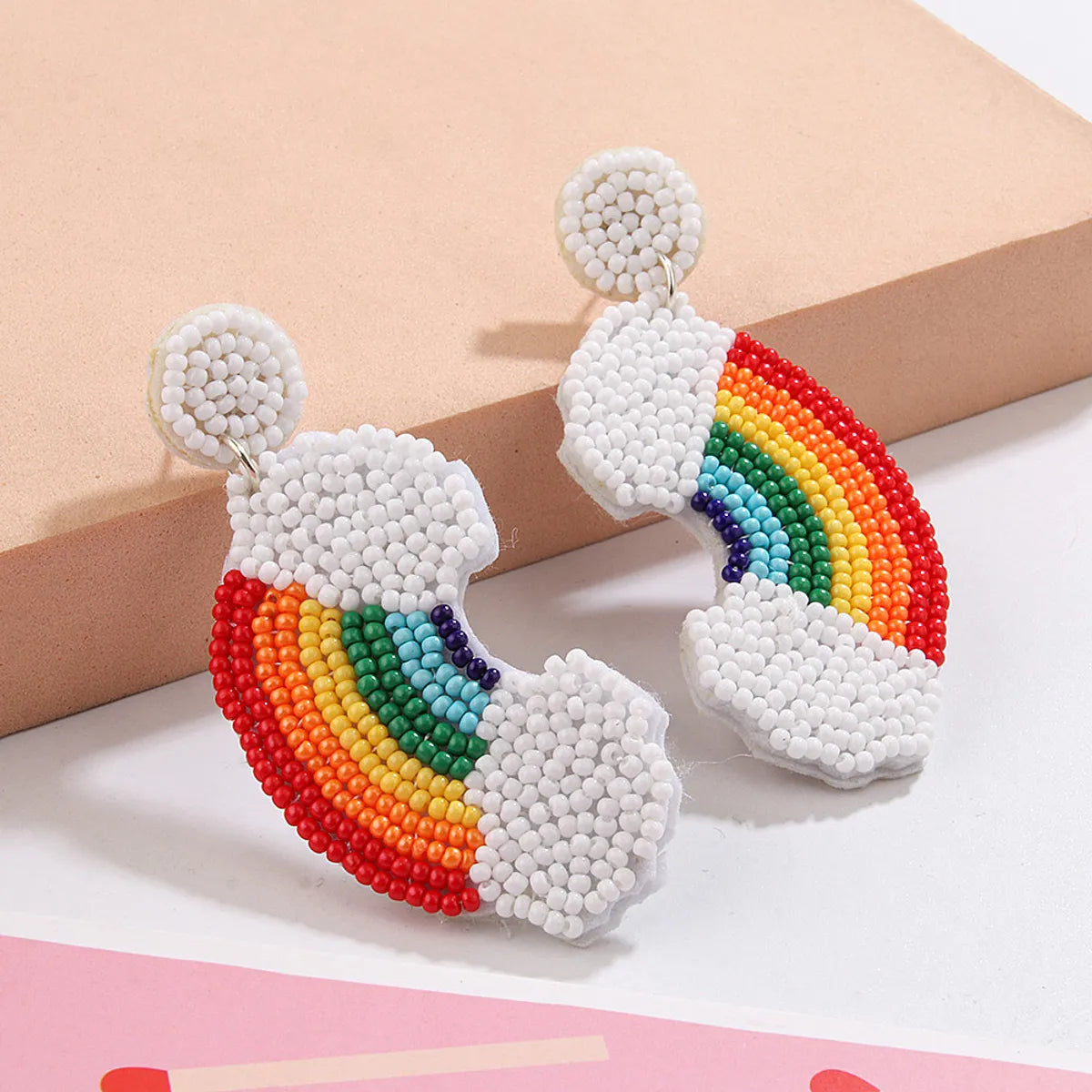 1 Pair Casual Sweet Artistic Rainbow Heart Shape Cloth Seed Bead Drop Earrings