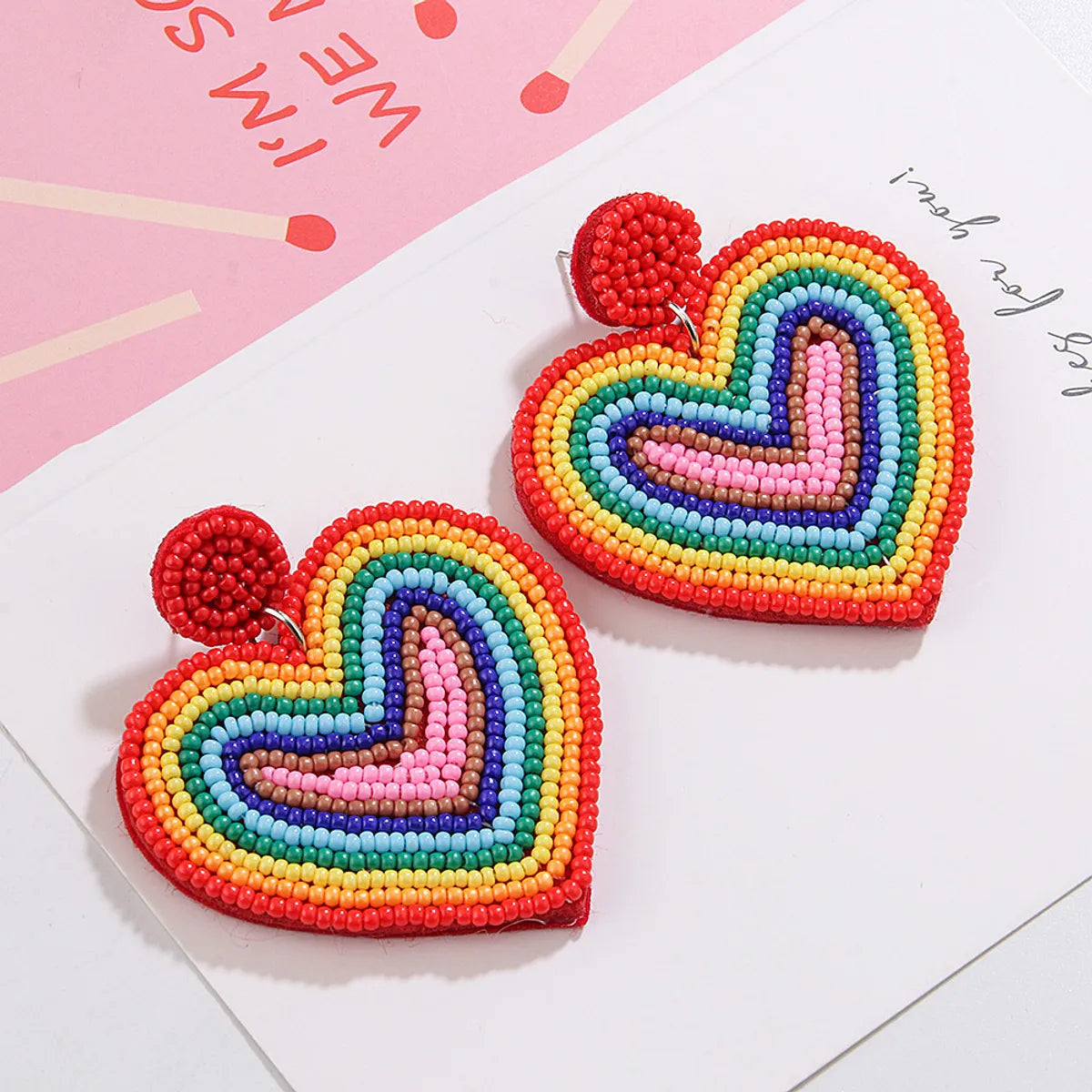 1 Pair Casual Sweet Artistic Rainbow Heart Shape Cloth Seed Bead Drop Earrings