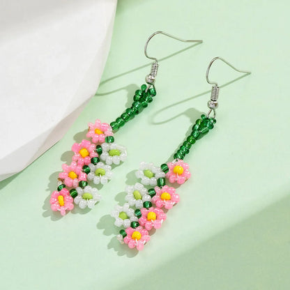 1 Pair Casual Sweet Flower Beaded Alloy Drop Earrings