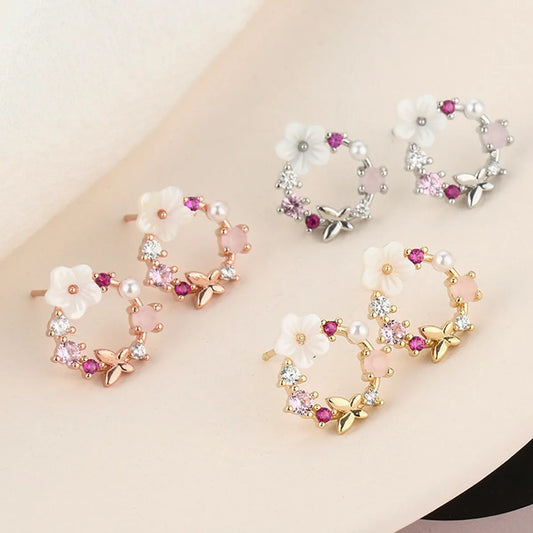 1 Pair Casual Sweet Flower Plating Inlay Copper Rhinestones Pearl Ear Studs