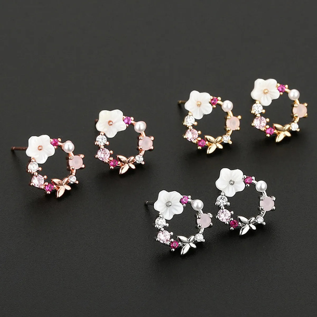 1 Pair Casual Sweet Flower Plating Inlay Copper Rhinestones Pearl Ear Studs